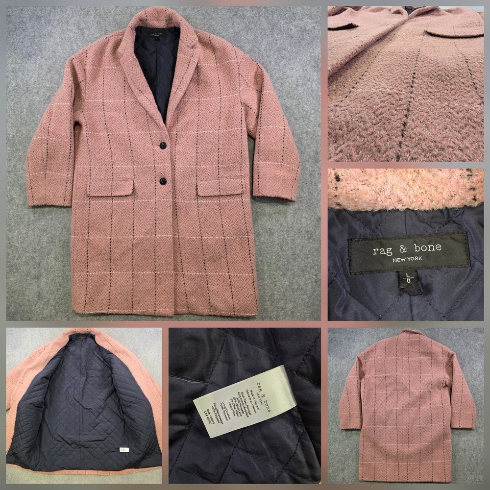 Rag & Bone Coat Womens Large Pink Plaid Tweed Quilted Lined‎ Overcoat Jacket